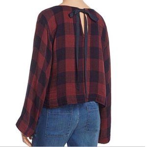 Anthropologie Cloth & Stone Red Linen Plaid Bell Sleeve Crop Top